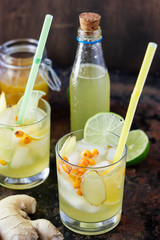 Cold lemonade with ginger, lime and sea buckthorn