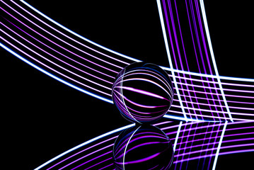 Glass ball with purple and white light streaks reflecting and refracting light