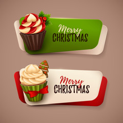 Set of vector banners with Christmas cupcakes