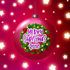  greeting card with wreath. Hand drawn calligraphy. concept handwritten Merry Christmas