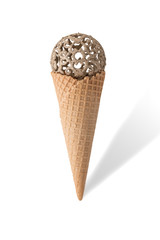Ice cream cone with christmas ball on white background. Minimal style.  Holiday concept.