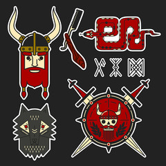 Fototapeta na wymiar Set of viking patches elements. Set of stickers, pins, patches and handwritten notes collection in cartoon 80s-90s comic style.Vector stikers kit