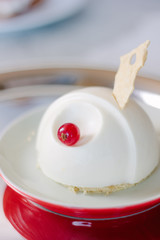 Beautiful and delicious panna cotta on red plate.