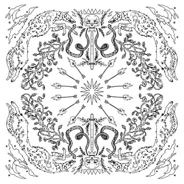 Ornament round mandala. Black and white doodle vector illustration. Coloring book for adult and older children. Coloring page. Outline drawing.