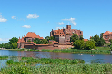 Naklejka na ściany i meble The Marienburg in Malbork from the west riverbank of the Nogat river in Poland, the world largest brick castle