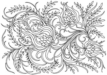 Background with flowers and plants. Black and white doodle vector illustration. Coloring book for adult and older children. Coloring page. Outline drawing.
