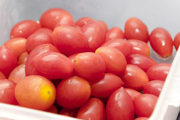 red small ripe cherry tomatoes fruit in plastic box