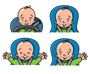 Baby in car icon set. Boy or girl in the seat