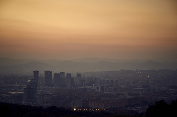 South Barcelona skyline at the sunrise in november from Montjuic Mountain