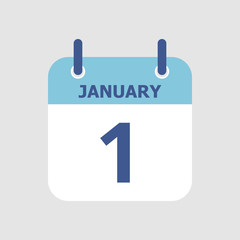 Flat icon calendar 1st January isolated on gray background. Vector illustration.