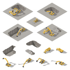 Excavator and bulldozer digs a pit on the construction site isometric icon set