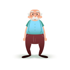 Funny cartoon old man character. Senior in glasses and with a mustache. Grandfather illustration isolated on white background. Elder man in pants on suspenders
