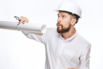 Engineer, builder, engineer on white isolated background, drawing, helmet