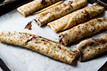 Crepes with Chocolate Cream on Tray 