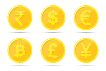 Set of icons of coins on the isolated white background. Bank notes of dollar, euro, pound sterling, yuan, rupee, bitcoin