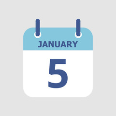 Flat icon calendar 5th of January isolated on gray background. Vector illustration.