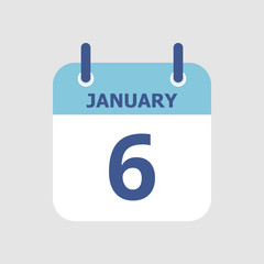 Flat icon calendar 6th of January isolated on gray background. Vector illustration.