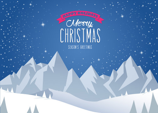 Winter mountain landscape scenery and Merry Christmas text with pine trees and stars.