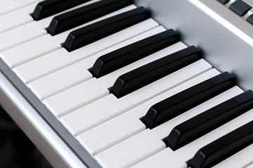 Piano keys, synth closeup, background