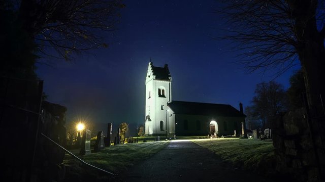 Swedish rural church time-lapse with stars