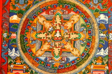Fototapeta na wymiar Thangka/Tanka de Nepal es un tapiz o bandera budista, de seda pintada o bordada