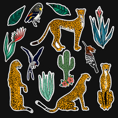 Set of leopards and plants patches elements. Set of stickers, pins, patches and handwritten notes collection in cartoon 80s-90s comic style.Vector stikers kit © NKTN