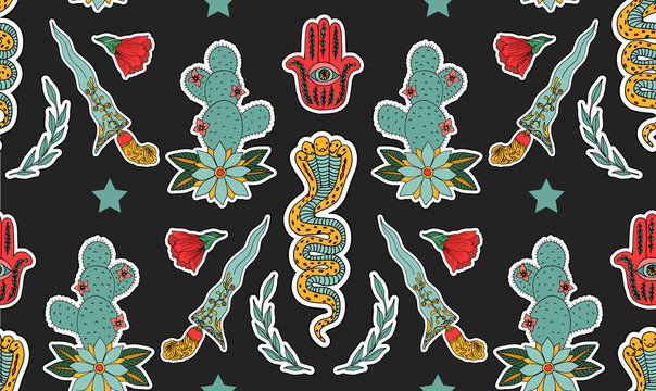 Seamless indian pattern. Set of stickers, pins, patches and handwritten notes collection in cartoon.Leopard, crocodile, hamsa, flower, plant. Vector illustration