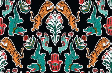 Seamless indian pattern. Set of stickers, pins, patches and handwritten notes collection in cartoon.Leopard, crocodile, hamsa, flower, plant. Vector illustration © NKTN