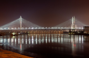 Большой Обуховский мост, вантовый мост. Ночная съемка. Санкт-Петербург.