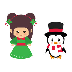 cartoon cute christmas elf and penguin