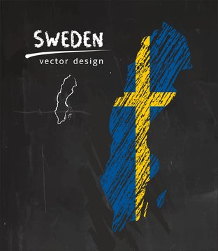 Sweden map with flag inside on the blackboard. Chalk sketch vector illustration