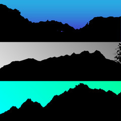 Set of vector hills and mountain landscape silhouette. Realistic trees, woods on hill silhouettes on night and evening sky. Outdoor nature scene