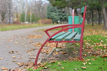 wooden park bench at a park