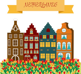 Fototapeta premium illustration in cartoon style with symbols of Amsterdam