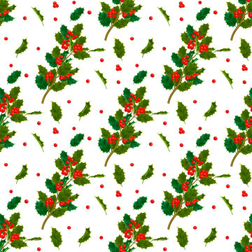 Christmas decorative leaves holly and branches with red berries evergreen winter flower floral plant seamless pattern background vector illustration