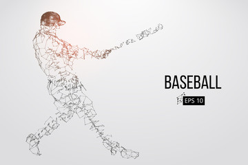 Silhouette of a baseball player. Dots, lines, triangles, text, color effects and background on a separate layers, color can be changed in one click. Vector illustration.