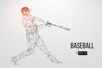 Silhouette of a baseball player. Dots, lines, triangles, text, color effects and background on a separate layers, color can be changed in one click. Vector illustration.