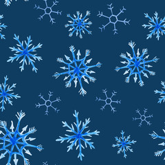 Fototapeta na wymiar Watercolor christmas square pattern. New year ornament with snow and snowflake. For design, print or background