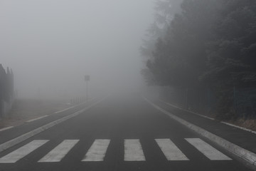 Pedestrian on empty street covered in fog