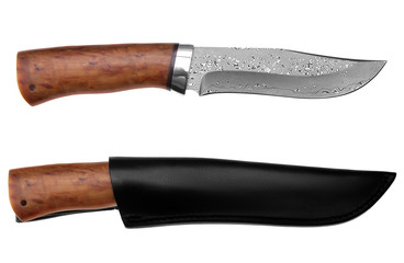 Hunting knife with wooden handle and leather case isolated on white