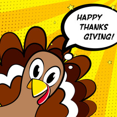 Happy Thanksgiving vector card with cartoon turkey. Comics style.