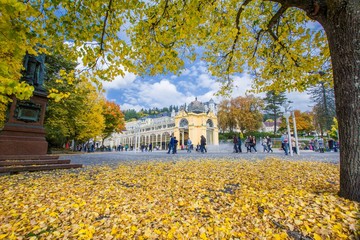 Obraz premium Main colonnade and Singing fountain in Marianske Lazne (Marienbad) - great famous Bohemian spa town in the west part of the Czech Republic (region Karlovy Vary)