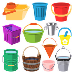 Bucket vector water full wood and metal, plastic bucketful illustration trash bin, pot isolated on white background