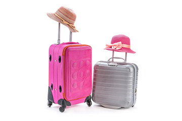 Suitcase or Luggage with sun hat isolated on white background