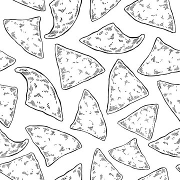 Nachos drawing. Seamless pattern. Traditional mexican food vector background.
