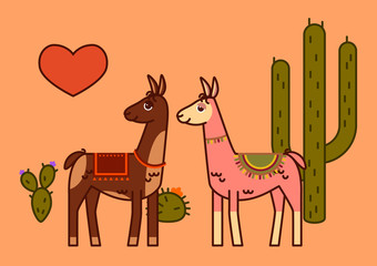 Two llamas with heart, line art style, love concept, illustration for valentine's day greeting card