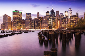 The view of New York City downtown from Brooklyn Bridge Park.