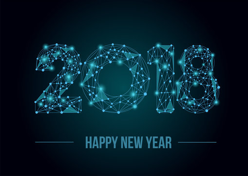 Abstract mash line and point 2018. Vector New Year illustration. Polygonal low poly future technology background. Geometric Greeting card.  - Powered by Adobe