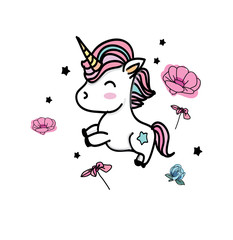 colorful cheerful drawing with a unicorn with flowers on a white background