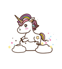 colorful drawing with unicorns with stars on clouds over white background